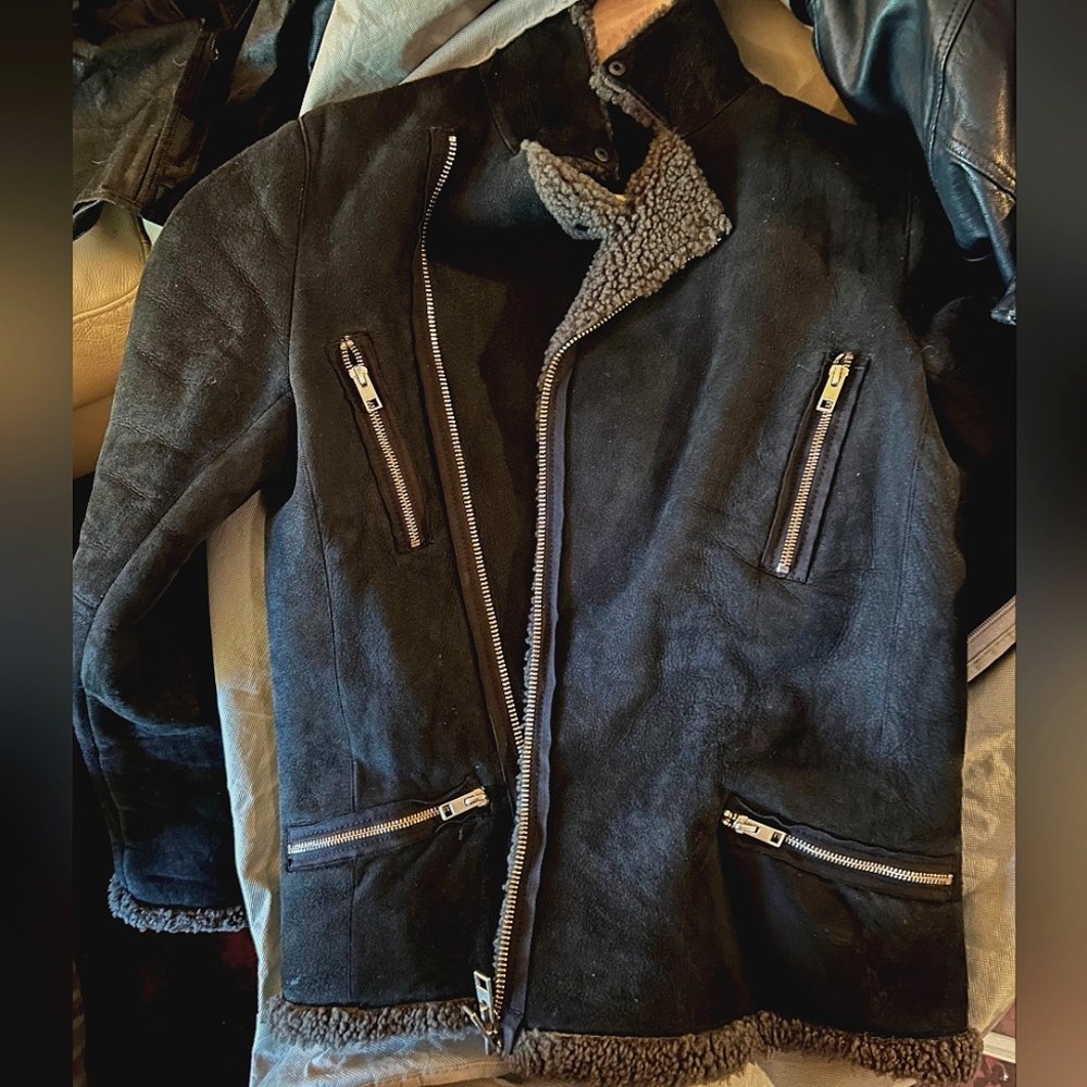 All Saints black leather and shearling jacket. Soft grey shearling interior.